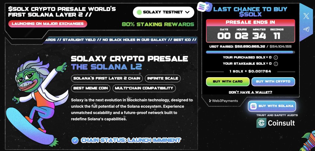The interface of the Solaxy currency and its most important data